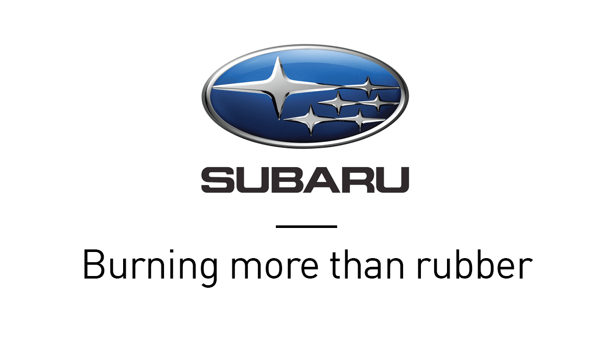 Subaru Logo with the slogan: Burning more than rubber