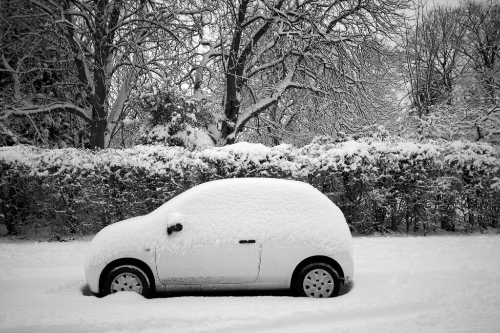 Thick snow covering the street, hedge, trees and a parked car.